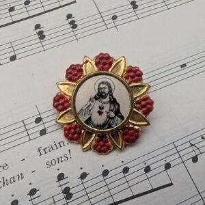 Vintage Religious Brooch with Red and Gold Accents